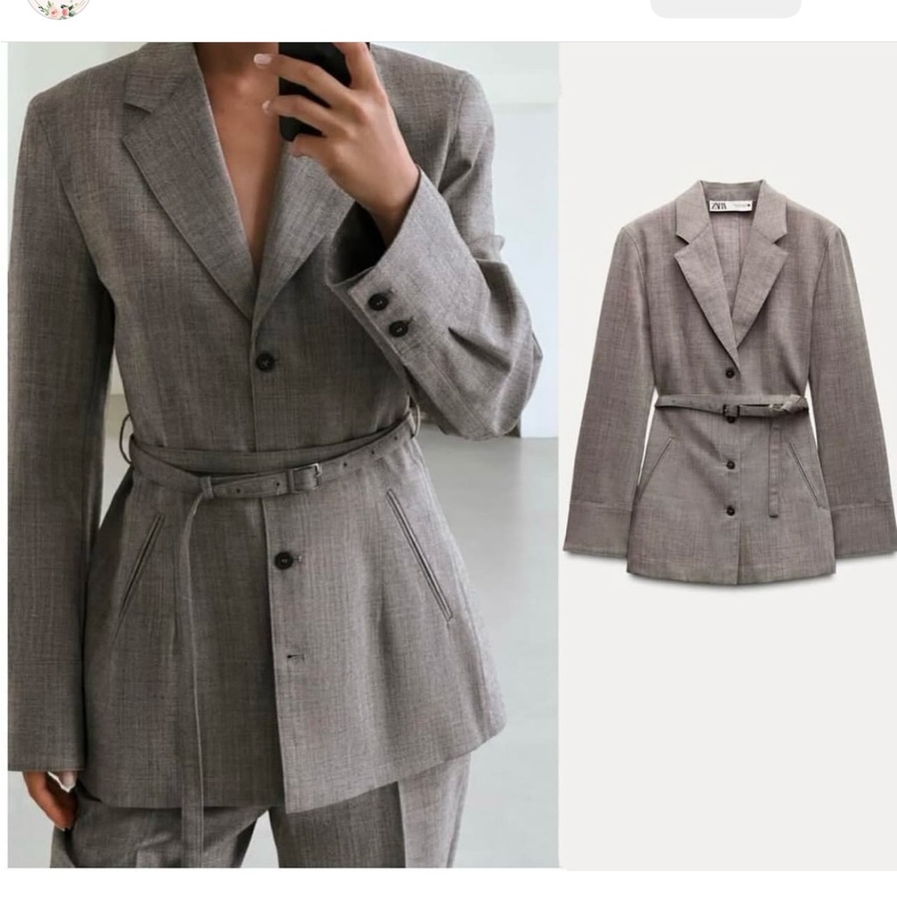 ZARA Brown Taupe 100% Wool Belted Blazer Jacket Coat  ZW Collection Gray XS NWT - Picture 2 of 16